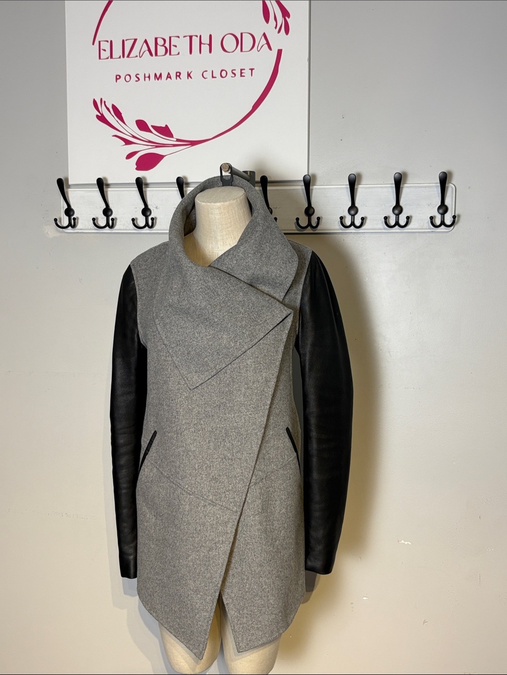 Mackage Gray Vane Coat with Black Leather Sleeves